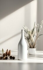 a white bottle with a plant in the background.