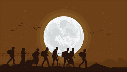 The image shows a group of people, silhouettes, walking in a line in front of a bright full moon. The ground is covered in snow, and the people are wearing snowshoes. The image is dark and atmospheric