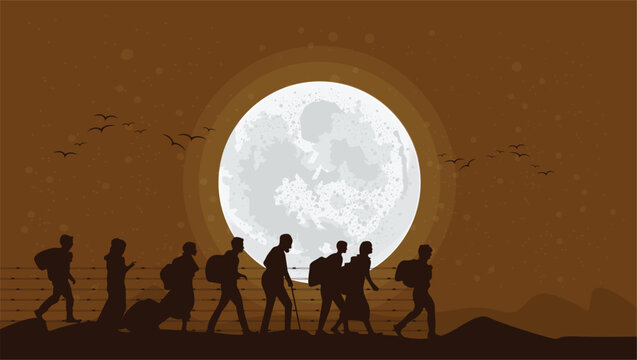 The image shows a group of people, silhouettes, walking in a line in front of a bright full moon. The ground is covered in snow, and the people are wearing snowshoes. The image is dark and atmospheric