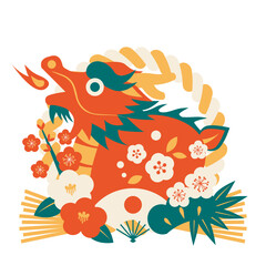 年賀状、しめ飾り、辰年、おしゃれ、かわいい、アイコン、朱色、レトロカラー