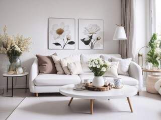 A sun-drenched living area with an abundance of potted plants, inviting couches, and stylish coffee tables