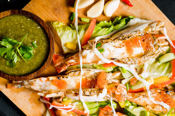 the photo of shrimp salad thaifood with vegetable and seafood sauce