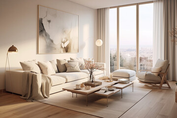 Warm pastel white and beige colors in the interior design of the spacious apartment in the Scandinavian style