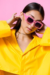 lifestyle woman sunglasses attractive trendy fashion beautiful stylish yellow young girl