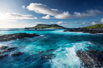 Fototapeta na wymiar Beautiful turquoise ocean and black lava rocks. travel ad promotion