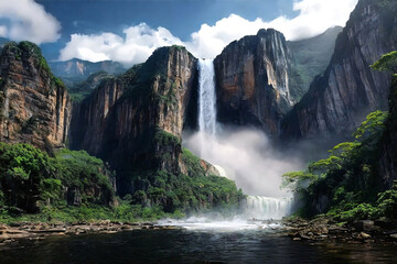 Mountain landscape with waterfalls  - obrazy, fototapety, plakaty