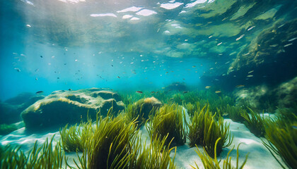 Fototapeta na wymiar Underwater view of a group of seabed with green seagrass. High quality photo