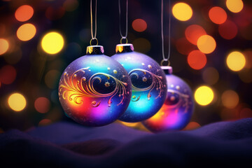 Obraz premium Neon Christmas baubles in the snow in front of the Christmas tree. Holiday atmosphere