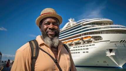 a tourist man standing in front of a cruise ship - Powered by Adobe