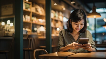 Asian female freelancer using her smartphone in a cafe