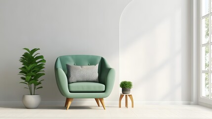 Scandinavian living room with green armchair on empty white wall background.