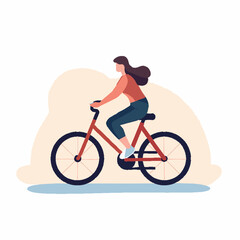 Woman riding a red bicycle. Wears orange top and blue pants. Long brown hair flows. Beige and blue background.