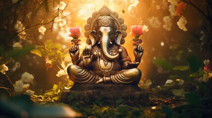 statue of Lord Ganesha placed under a sacred tree - obrazy, fototapety, plakaty