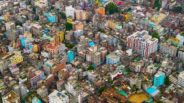 Vibrant, densely populated city of Dhaka with colorful buildings. Megacity
