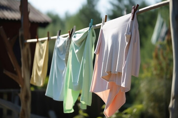 Clothes on washing line. Laundry drying on the rope outside on a sunny day. clothes are dried on the clothesline in the garden outside in the sun.