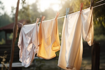 T-shirts hanging on a clothesline in front of blue sky and sun. Colourful washing on a clothes line