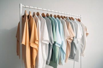 A rack with stylish clothes next to a white wall in the room. Women's fashion clothes. Stylish female blouses, sweaters, pants, jeans, t-shirts, handbags on hanger on white background.
