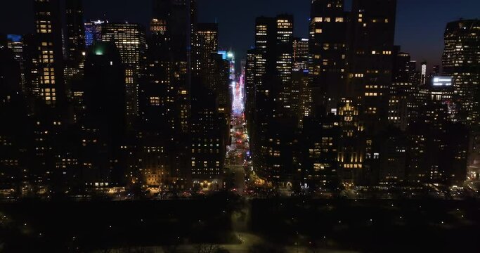 7th avenue and Central park, nighttime in Midtown, Manhattan, NY - Aerial view