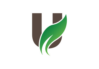 Abstract U letter nature logo with leaf template.