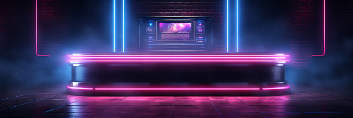 Futuristic neon check in desk or reception for pool bar, lounge, high class club or entertainment venue