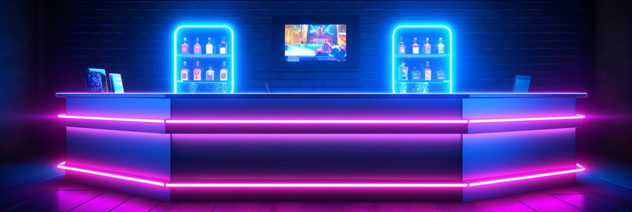 Fototapeta premium Futuristic neon check in desk or reception for pool bar, lounge, high class club or entertainment venue