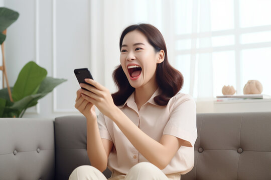 Woman celebrating victory at home looking at phone screen, satisfied asian woman happy received online notification of good achievement results sitting on sofa in living room