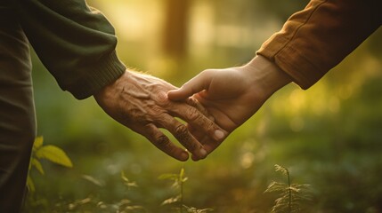 Close-up shot of wrinkled hands holding child's hand and nature background.