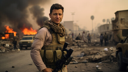 Male news correspondent reporter or journalist in middle east war zone, destroyed buildings and city - obrazy, fototapety, plakaty