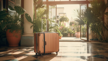 Suitcase luggage in front of hotel on holiday destination, concept of travel and tourism