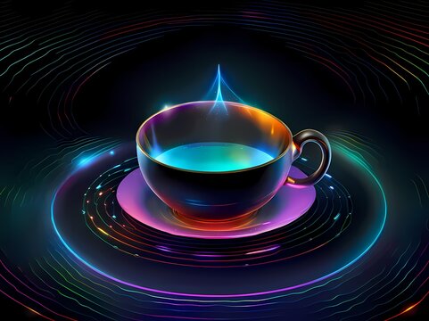 Refreshing and invigorating tea. A cup of tea on a black background. AI-generated image, digital illustration.
