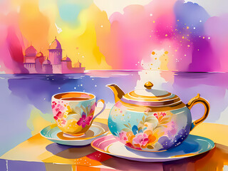 Refreshing and invigorating tea. Tea set on a bright colorful background. AI-generated image, digital illustration.