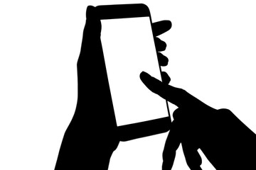 Digital png silhouette of hand using smartphone with copy space on transparent background
