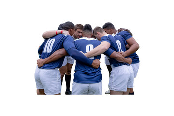 Digital png photo of diverse foodball team embracing in circle on transparent background
