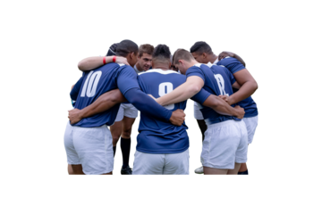 Digital png photo of diverse foodball team embracing in circle on transparent background