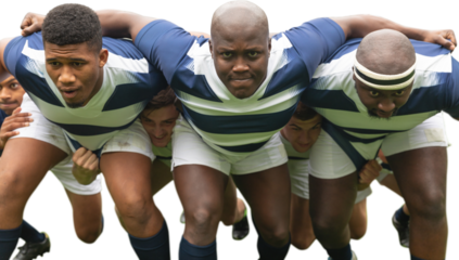 Digital png photo of diverse football players leaning and defensing on transparent background