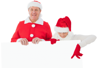 Digital png photo of caucasian senior couple holding banner, copy space on transparent background