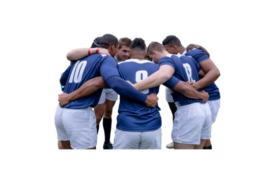 Digital png photo of diverse foodball team embracing in circle on transparent background
