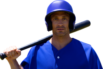 Digital png photo of caucasian male baseball player holding bat on transparent background