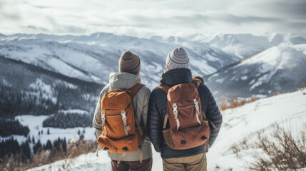Two men with a large backpack high on the snowy mountains at a ski resort, during vacation and winter holidays.