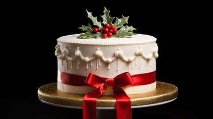 A beautifully decorated Christmas cake, topped with holly and a festive ribbon.