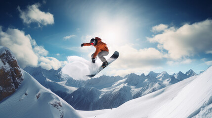 Naklejka na ściany i meble Active, extreme snowboarder jumping at speed at a ski resort, during vacation and winter holidays.