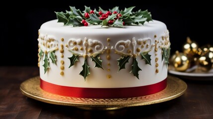 Obraz na płótnie Canvas A beautifully decorated Christmas cake, topped with holly and a festive ribbon.