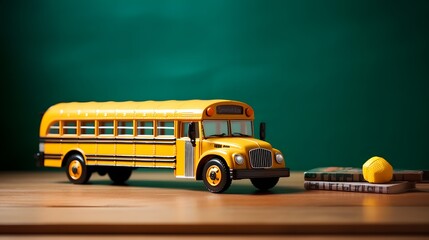 Yellow school bus model on the student table with chalkboard or blackboard background. Transportation and education concept.