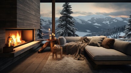 Cozy living room with panoramic window, fireplace with fire and view of winter mountains and forest...