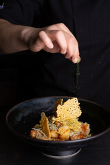 A chef's hands are seen garnishing a plat of modern Japanese food.