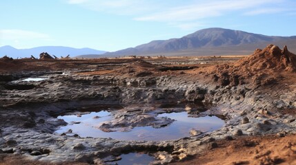 Fototapeta na wymiar A bubbling mud pool, remnants of geothermal activity, in a rugged landscape.