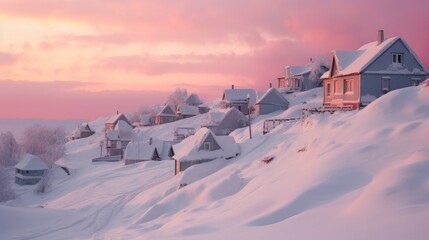 A small cozy, homely house in a village in the distance surrounded by a snow-covered landscape of beautiful nature in the middle of winter in pink sunshine.
