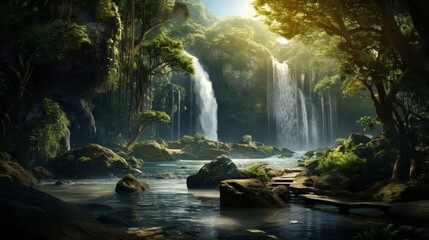 A cascading waterfall in a lush, emerald-green forest, the water shimmering in the sunlight.