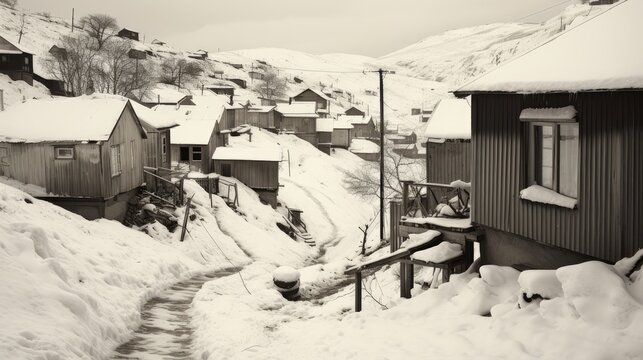A small cozy, homely house in a village in the distance surrounded by a snow-covered landscape of beautiful nature in the middle of winter, black and white photo.
