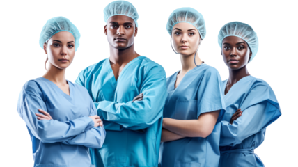 Surgeons team, uniform, arms crossed, isolated on transparent.